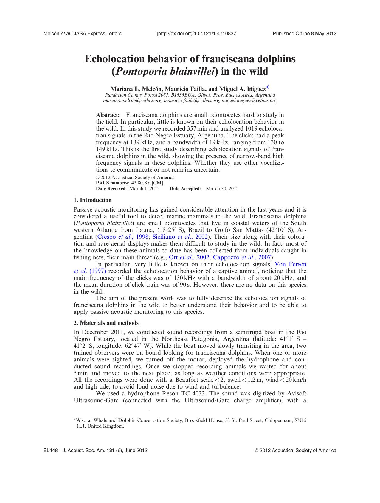Echolocation behavior of franciscana dolphins (Pontoporia blainvillei) in the wild by Mariana L. Melco´n Mauricio Failla and Miguel A. In˜ı´gueza)