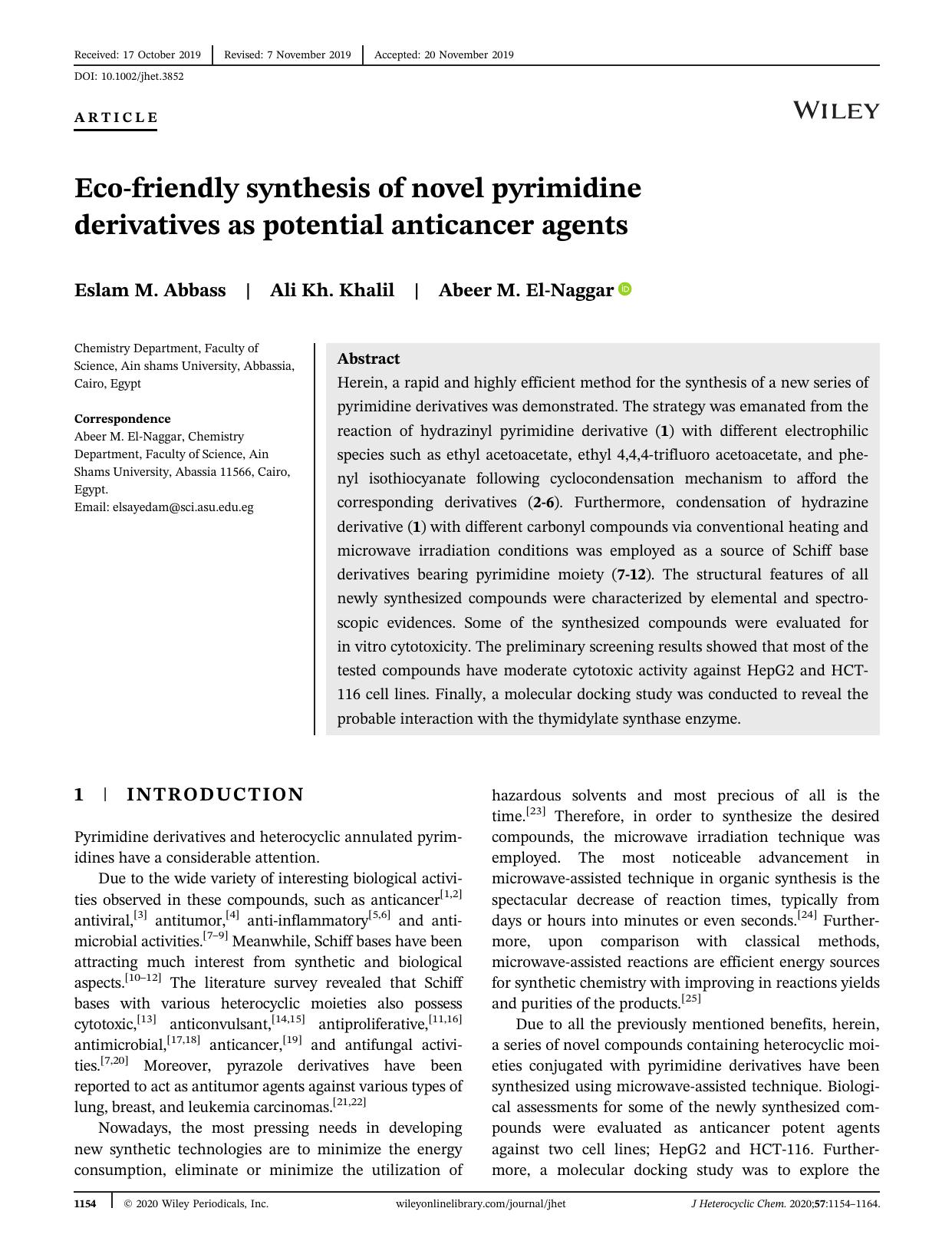 Ecoâfriendly synthesis of novel pyrimidine derivatives as potential anticancer agents by Eslam M. Abbass Ali Kh. Khalil Abeer M. El‐Naggar