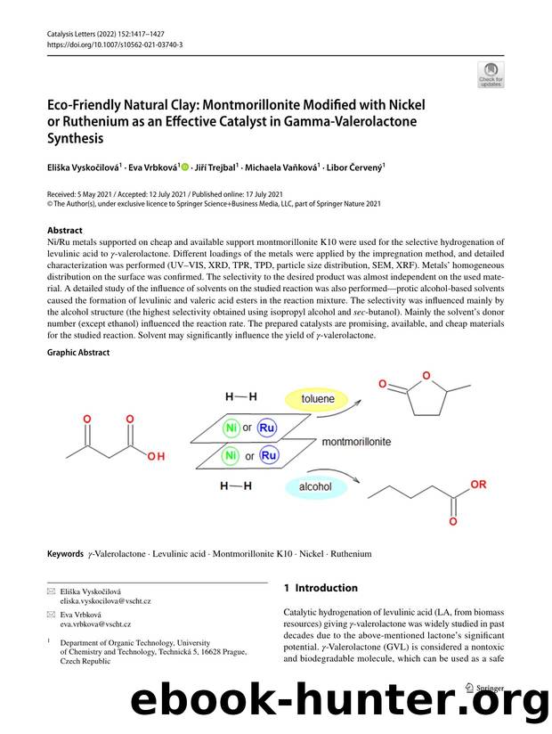 Eco-Friendly Natural Clay: Montmorillonite Modified with Nickel or Ruthenium as an Effective Catalyst in Gamma-Valerolactone Synthesis by Eliška Vyskočilová & Eva Vrbková & Jiří Trejbal & Michaela Vaňková & Libor Červený