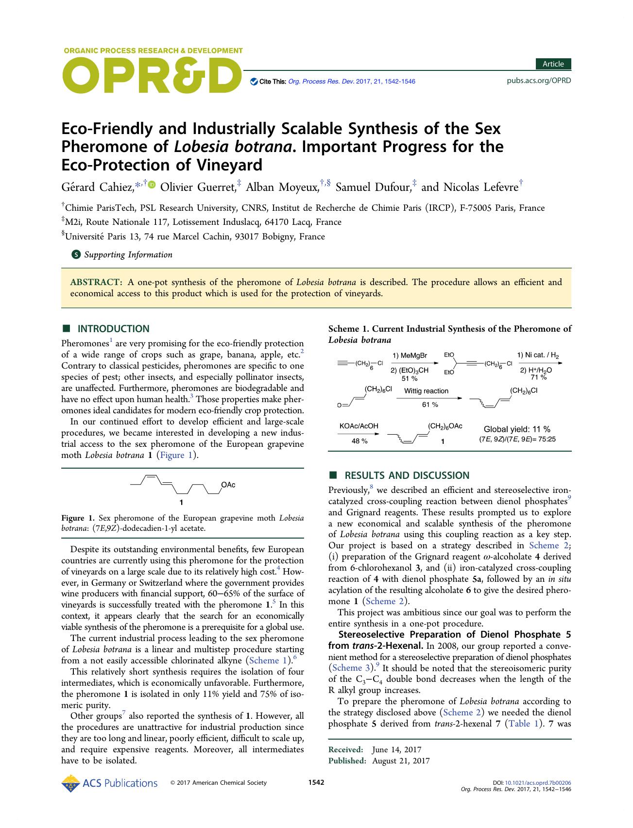 Eco-Friendly and Industrially Scalable Synthesis of the Sex Pheromone of Lobesia botrana. Important Progress for the Eco-Protection of Vineyard by Gérard Cahiez Olivier Guerret Alban Moyeux Samuel Dufour & Nicolas Lefevre