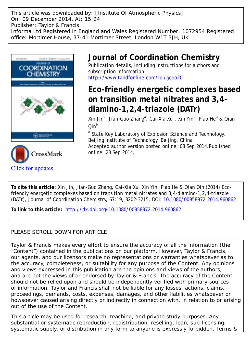 Eco-friendly energetic complexes based on transition metal nitrates and 3,4-diamino-1,2,4-triazole (DATr) by Xin Jin