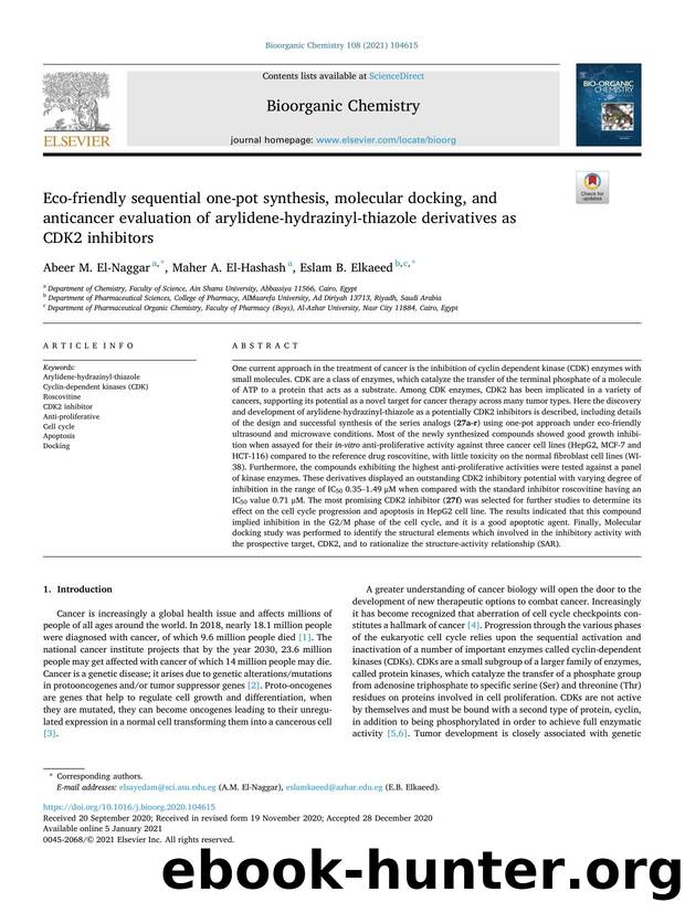 Eco-friendly sequential one-pot synthesis, molecular docking, and anticancer evaluation of arylidene-hydrazinyl-thiazole derivatives as CDK2 inhibitors by Abeer M. El-Naggar & Maher A. El-Hashash & Eslam B. Elkaeed