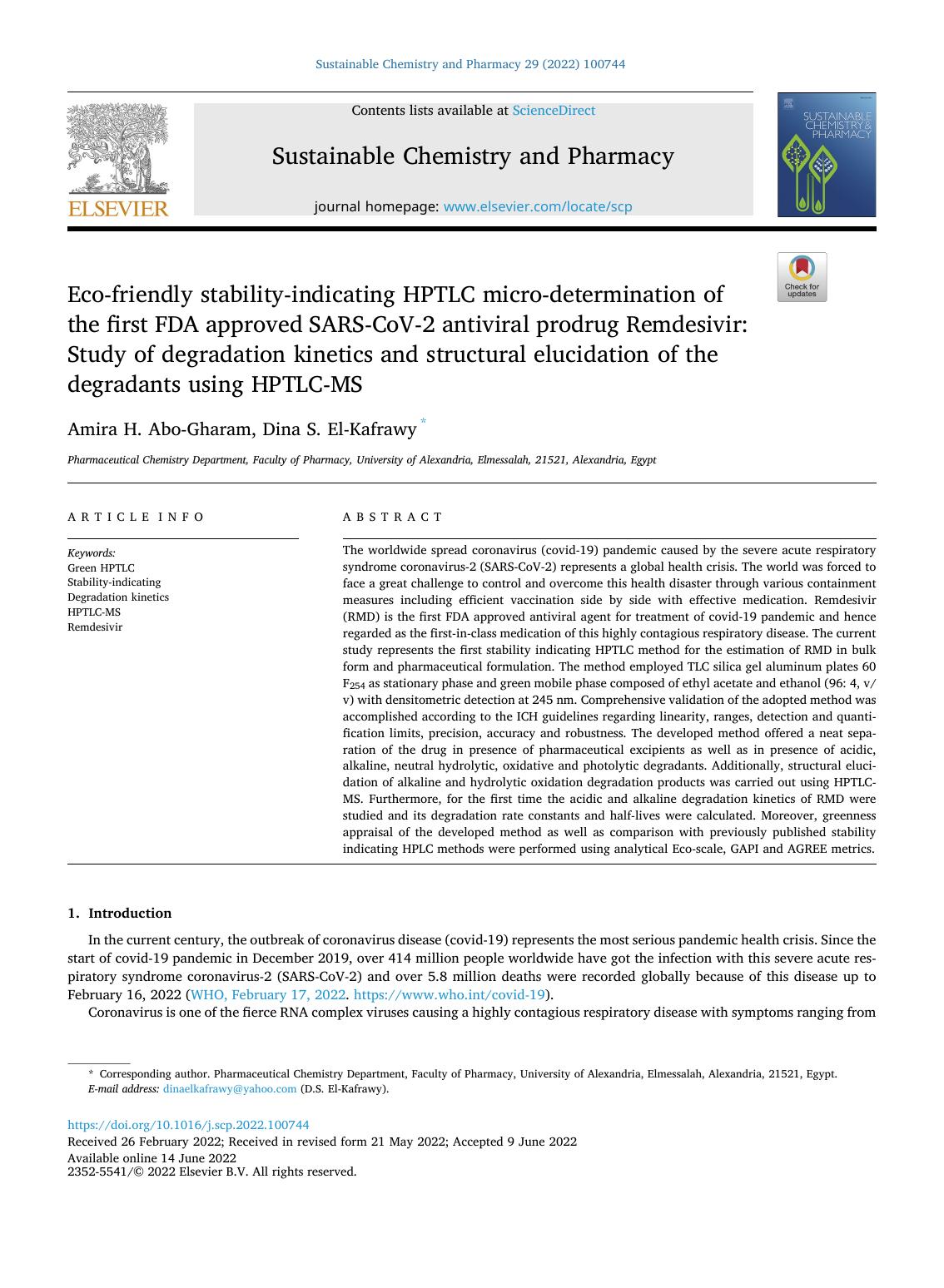 Eco-friendly stability-indicating HPTLC micro-determination of the first FDA approved SARS-CoV-2 antiviral prodrug Remdesivir: Study of degradation kinetics and structural elucidat by Amira H. Abo-Gharam