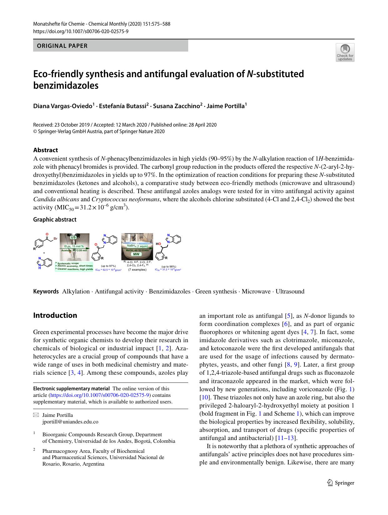 Eco-friendly synthesis and antifungal evaluation of N-substituted benzimidazoles by Diana Vargas-Oviedo & Estefanía Butassi & Susana Zacchino & Jaime Portilla