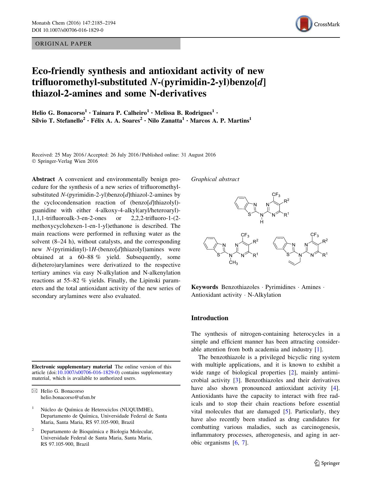 Eco-friendly synthesis and antioxidant activity of new trifluoromethyl-substituted N-(pyrimidin-2-yl)benzo[d]thiazol-2-amines and some N-derivatives by unknow