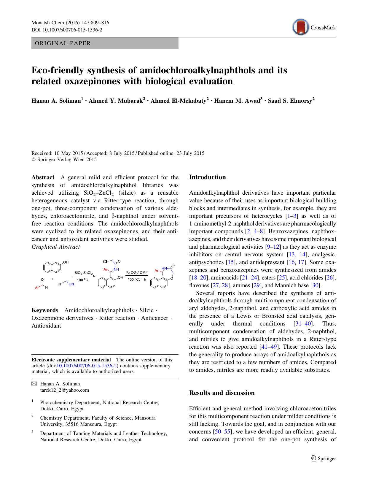 Eco-friendly synthesis of amidochloroalkylnaphthols and its related oxazepinones with biological evaluation by Hanan A. Soliman & Ahmed Y. Mubarak & Ahmed El-Mekabaty & Hanem M. Awad & Saad S. Elmorsy