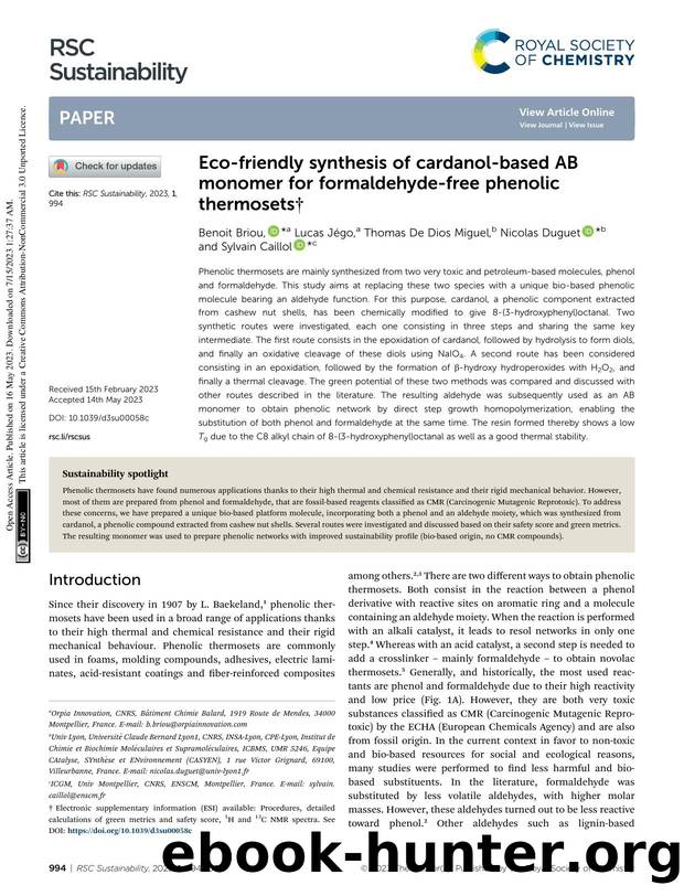 Eco-friendly synthesis of cardanol-based AB monomer for formaldehyde-free phenolic thermosets by Benoit Briou & Lucas Jégo & Thomas De Dios Miguel & Nicolas Duguet & Sylvain Caillol