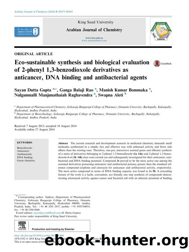 Eco-sustainable synthesis and biological evaluation of 2-phenyl 1,3-benzodioxole derivatives as anticancer, DNA binding and antibacterial agents by unknow