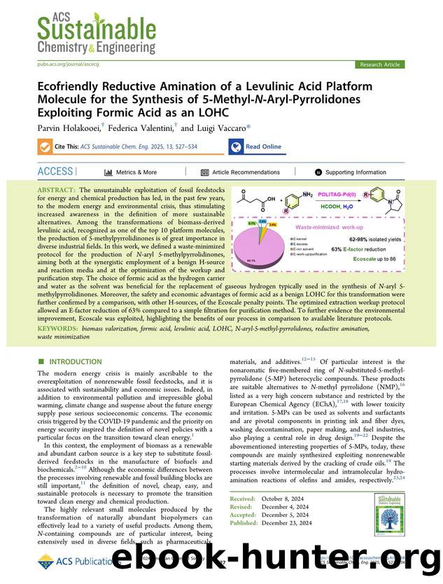 Ecofriendly Reductive Amination of a Levulinic Acid Platform Molecule for the Synthesis of 5-Methyl-N-Aryl-Pyrrolidones Exploiting Formic Acid as an LOHC by Parvin Holakooei Federica Valentini and Luigi Vaccaro