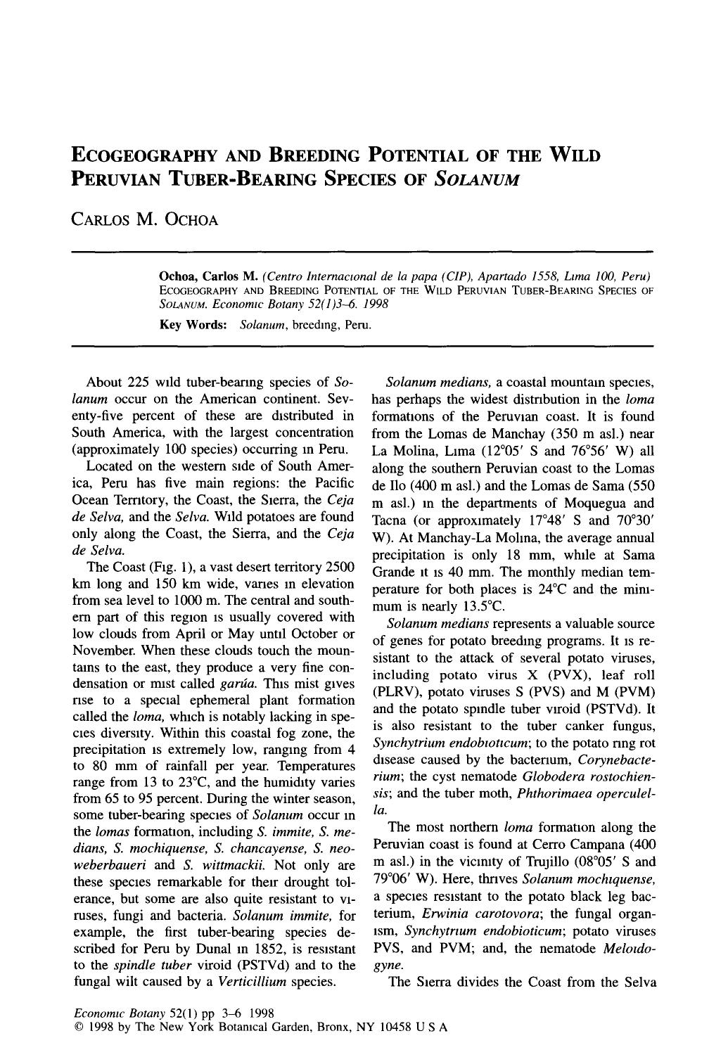 Ecogeography and breeding potential of the wild Peruvian tuber-bearing species of <Emphasis Type="Italic">Solanum <Emphasis> by Unknown