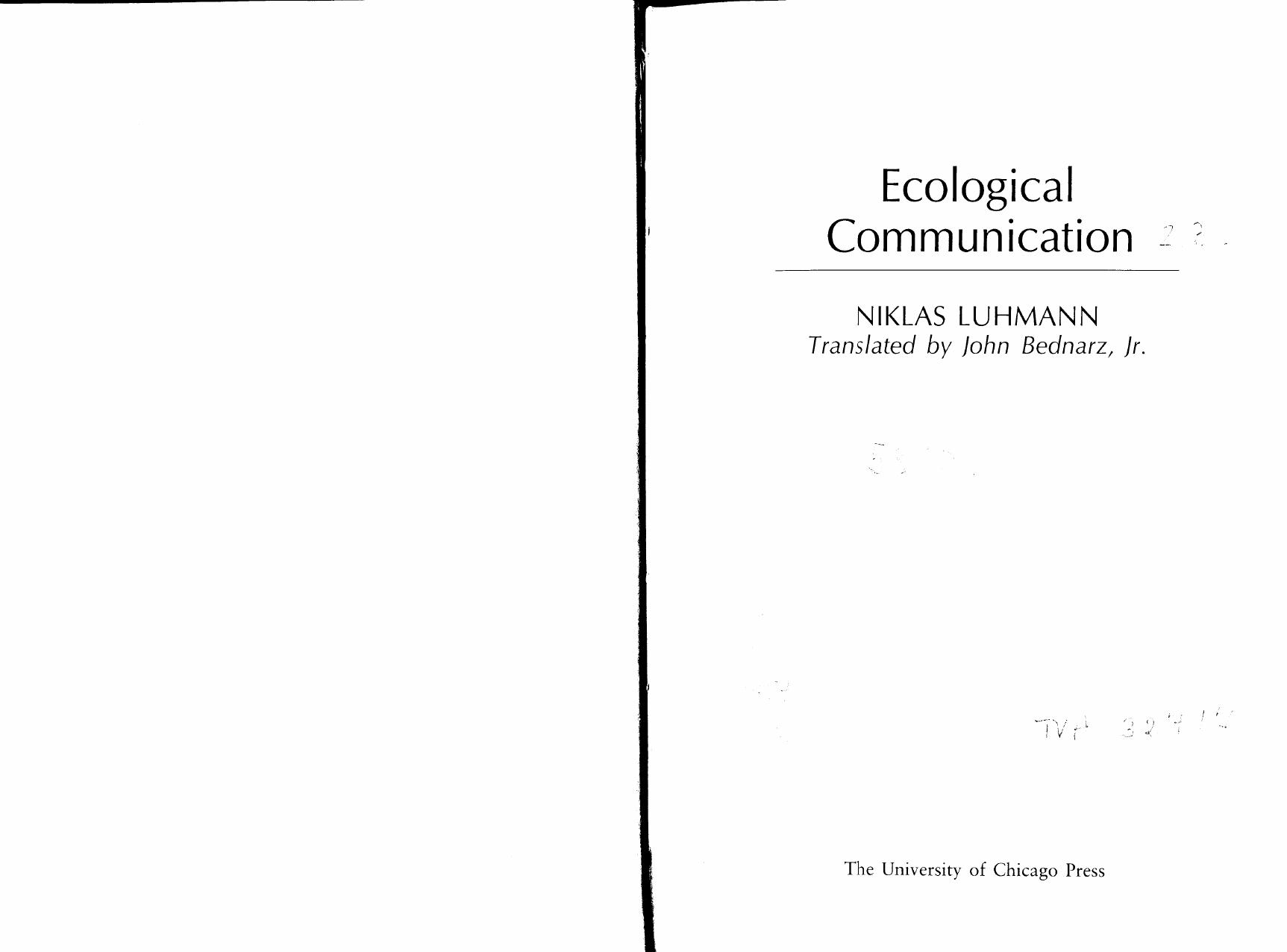 Ecological Communication by Niklas Luhmann
