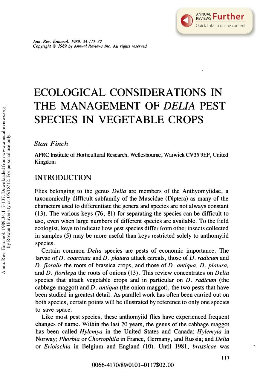 Ecological Considerations in the Management of Delia Pest Species in Vegetable Crops by S Finch