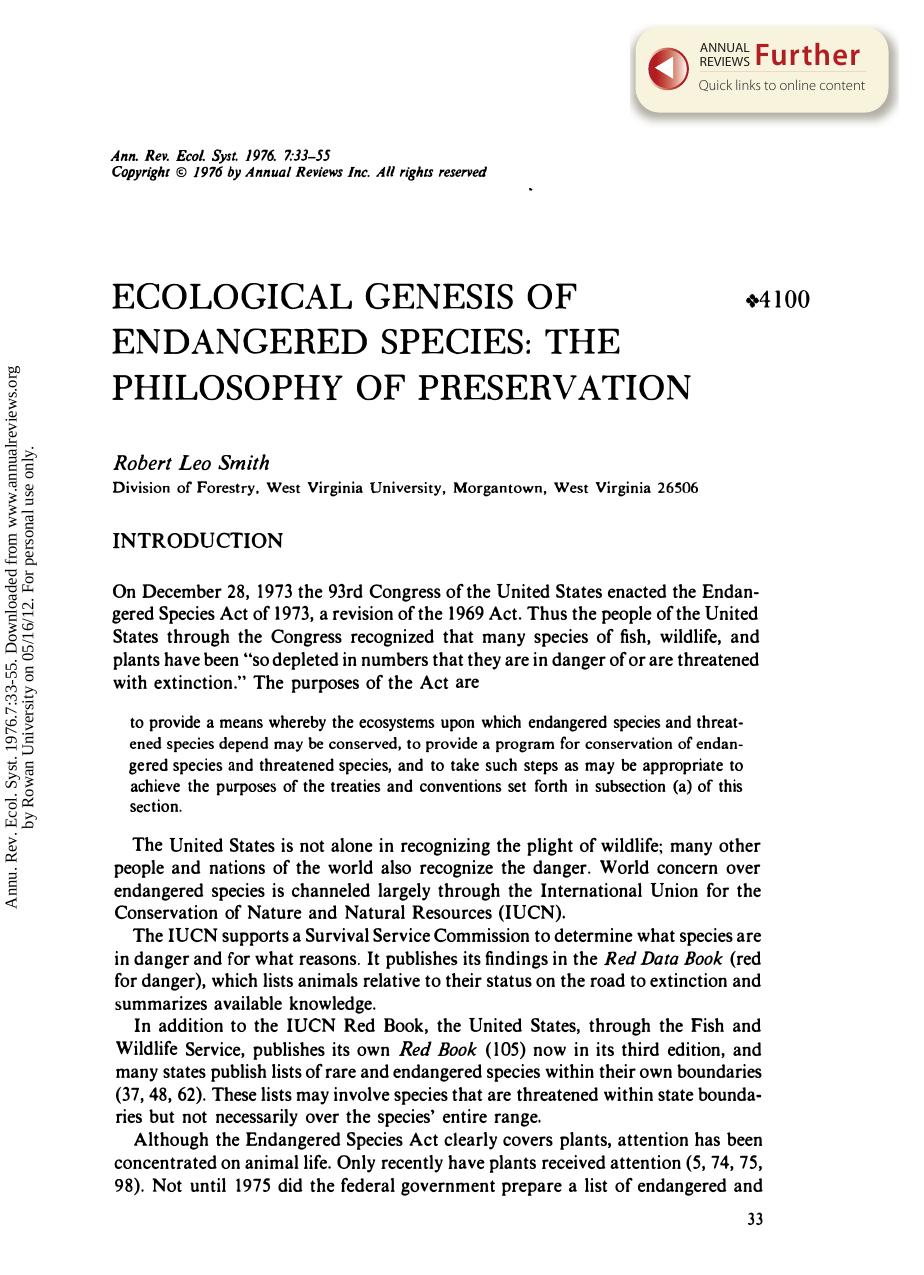 Ecological Genesis of Endangered Species: The Philosophy of Preservation by Robert Leo Smith