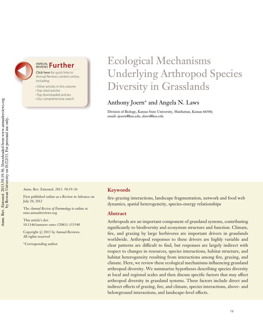 Ecological Mechanisms Underlying Arthropod Species Diversity in Grasslands by Anthony Joern & Angela N. Laws