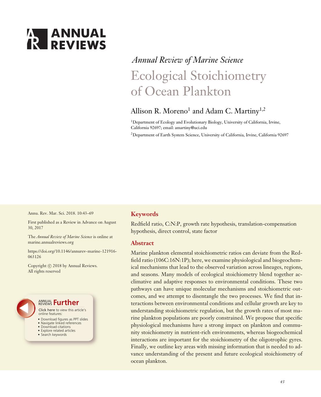 Ecological Stoichiometry of Ocean Plankton by Allison R. Moreno and Adam C. Martiny
