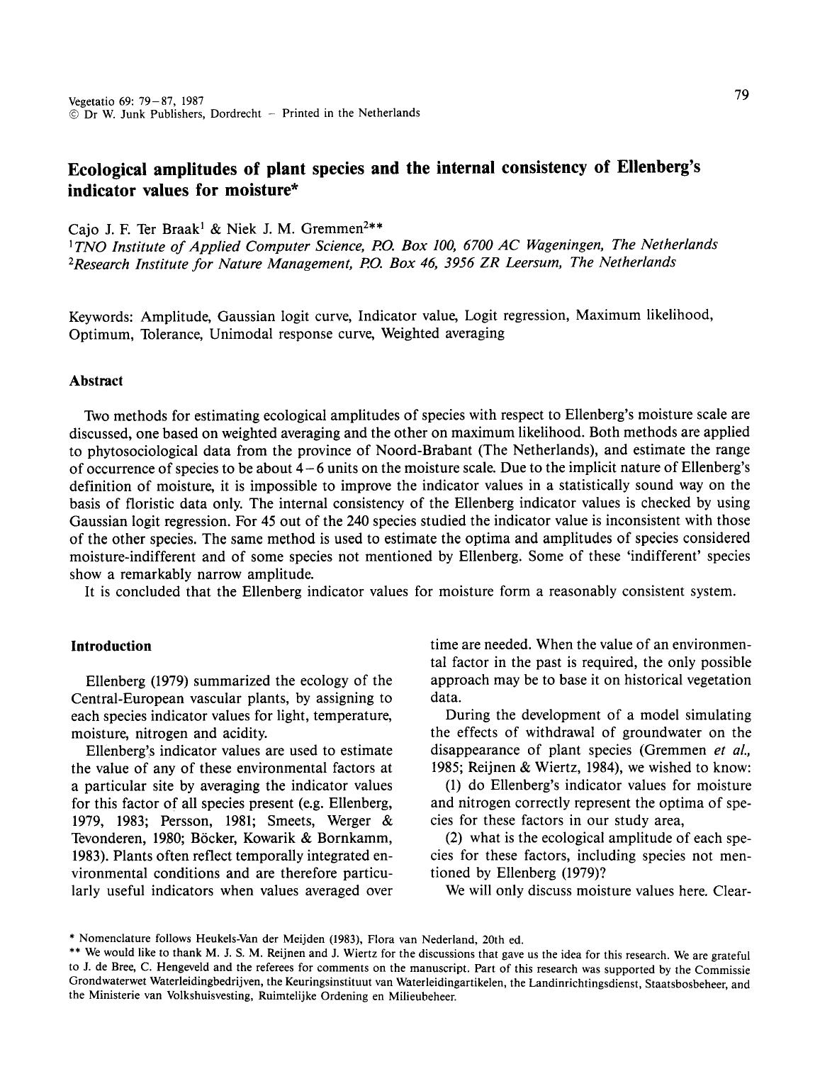 Ecological amplitudes of plant species and the internal consistency of Ellenberg's indicator values for moisture by Unknown