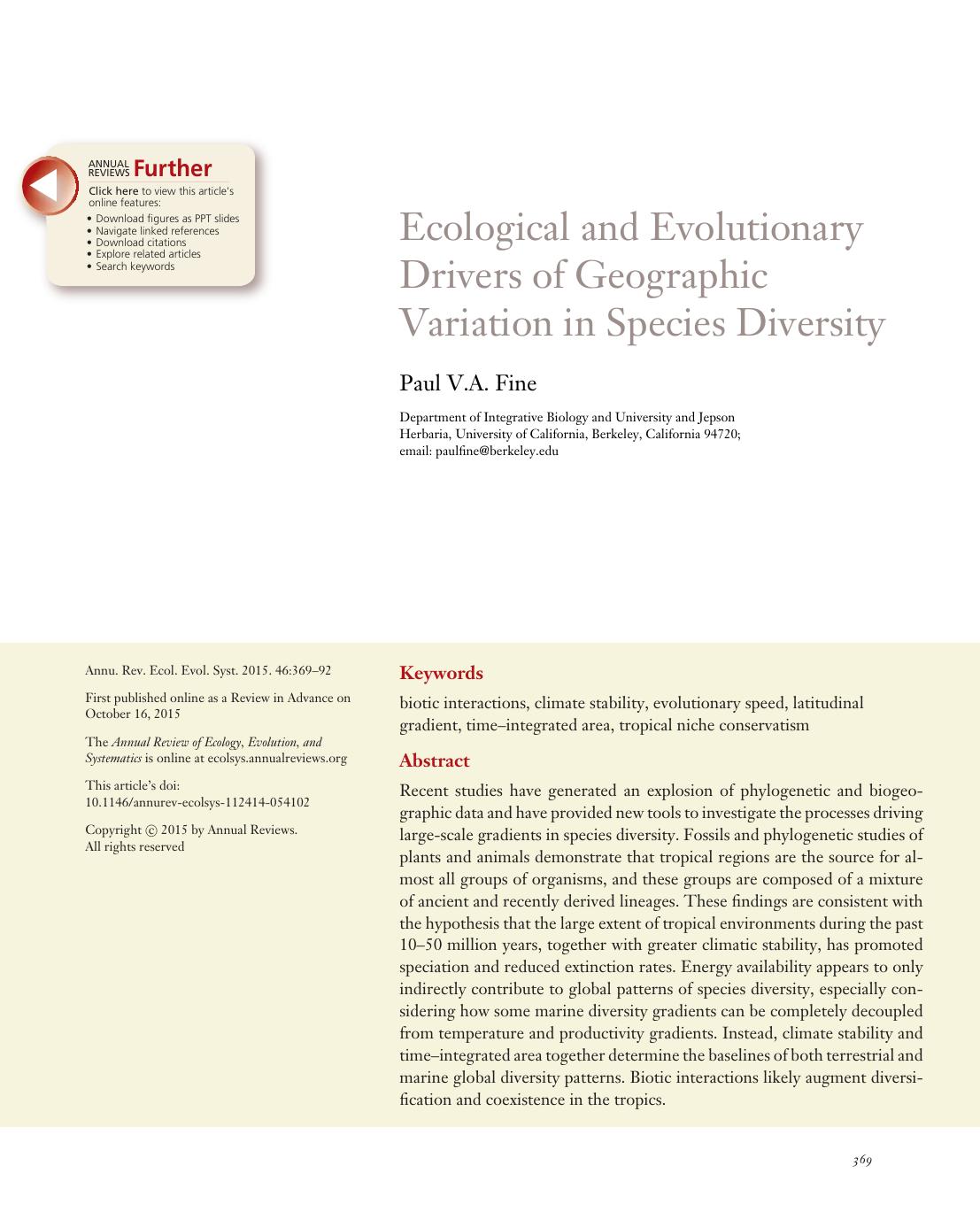 Ecological and Evolutionary Drivers of Geographic Variation in Species Diversity by Paul V.A. Fine