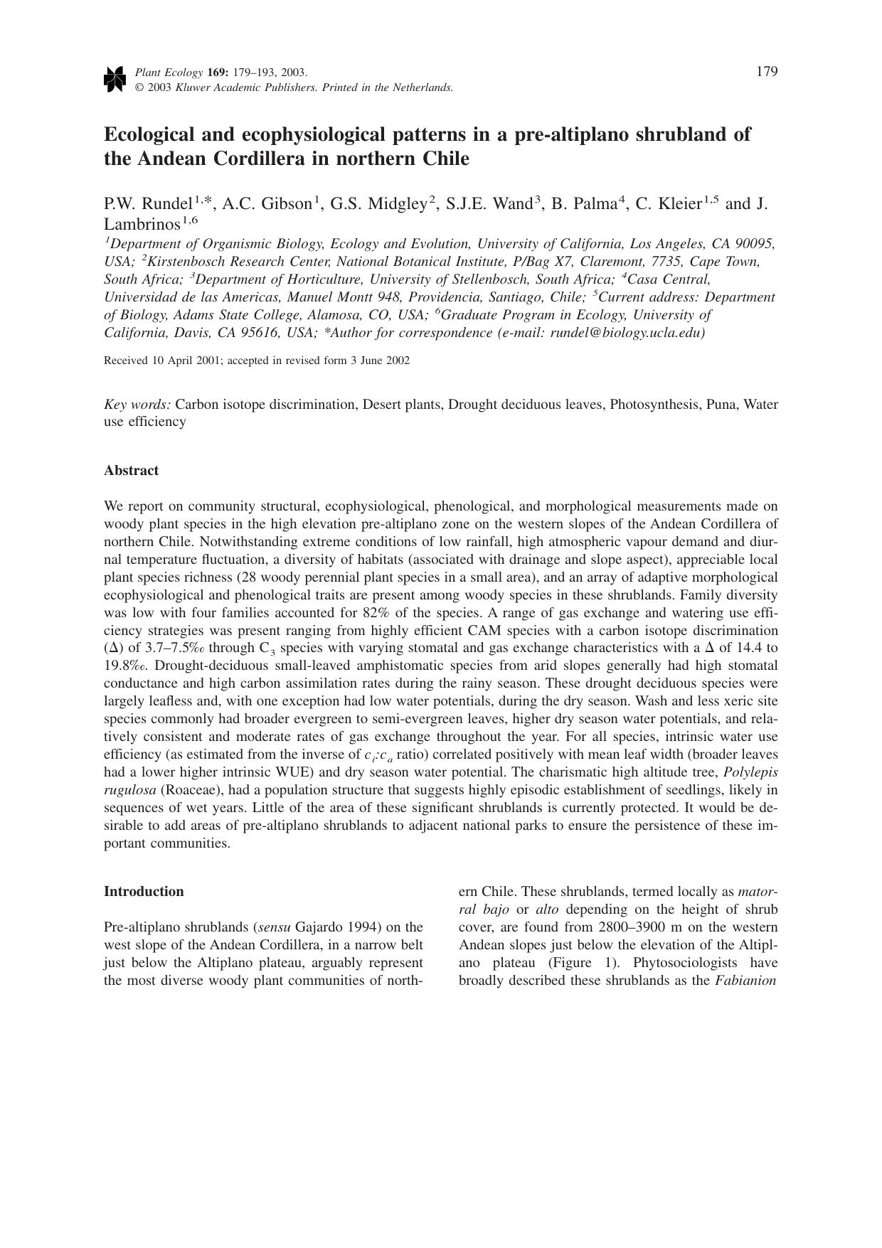 Ecological and ecophysiological patterns in a pre-altiplano shrubland of the Andean Cordillera in northern Chile by Unknown