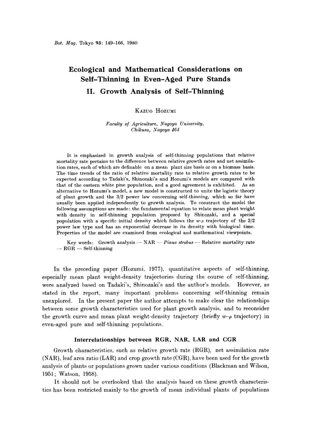 Ecological and mathematical considerations on self-thinning in even-aged pure stands by Unknown