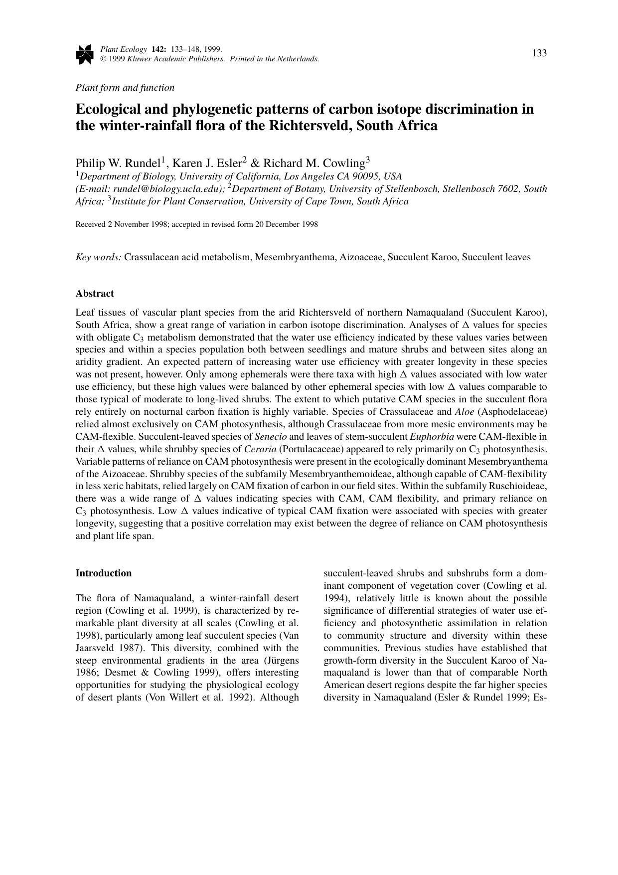 Ecological and phylogenetic patterns of carbon isotope discrimination in the winter-rainfall flora of the Richtersveld, South Africa by Unknown