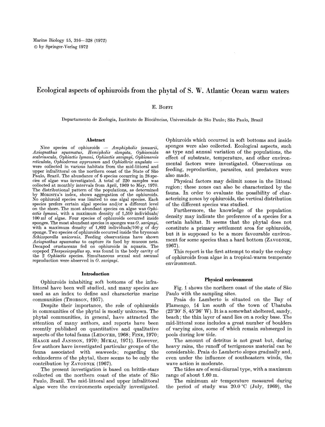 Ecological aspects of ophiuroids from the phytal of S. W. Atlantic Ocean warm waters by Unknown