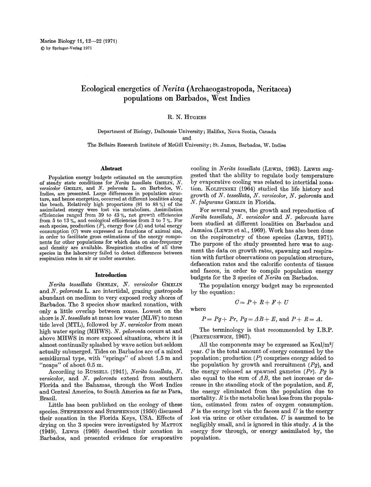 Ecological energetics of <Emphasis Type="Italic">Nerita<Emphasis> (Archaeogastropoda, Neritacea) populations on Barbados, West Indies by Unknown