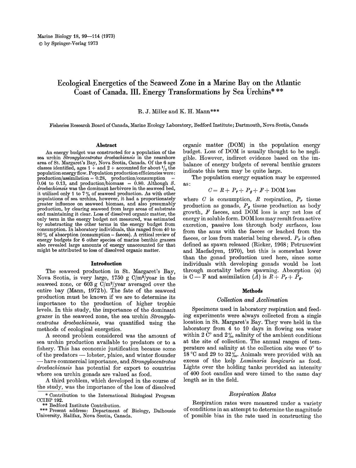 Ecological energetics of the seaweed zone in a marine bay on the Atlantic coast of Canada. III. Energy transformations by sea urchins by Unknown