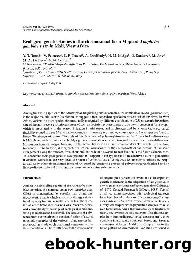 Ecological genetic studies in the chromosomal form Mopti of <Emphasis Type="Italic">Anopheles gambiae <Emphasis> s.str. in Mali, West Africa by Unknown