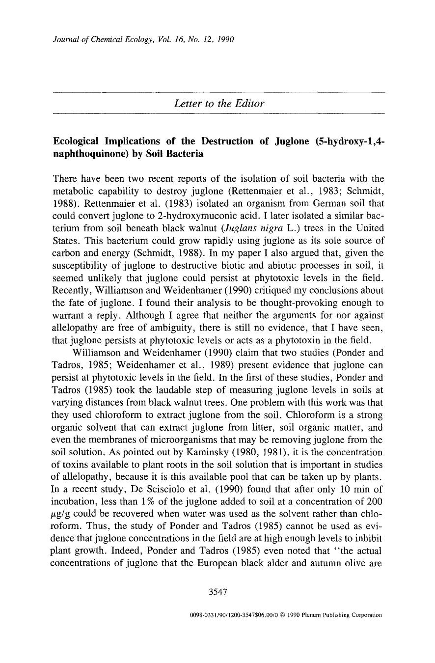 Ecological implications of the destruction of juglone (5-hydroxy-l,4-naphthoquinone) by soil bacteria by Unknown