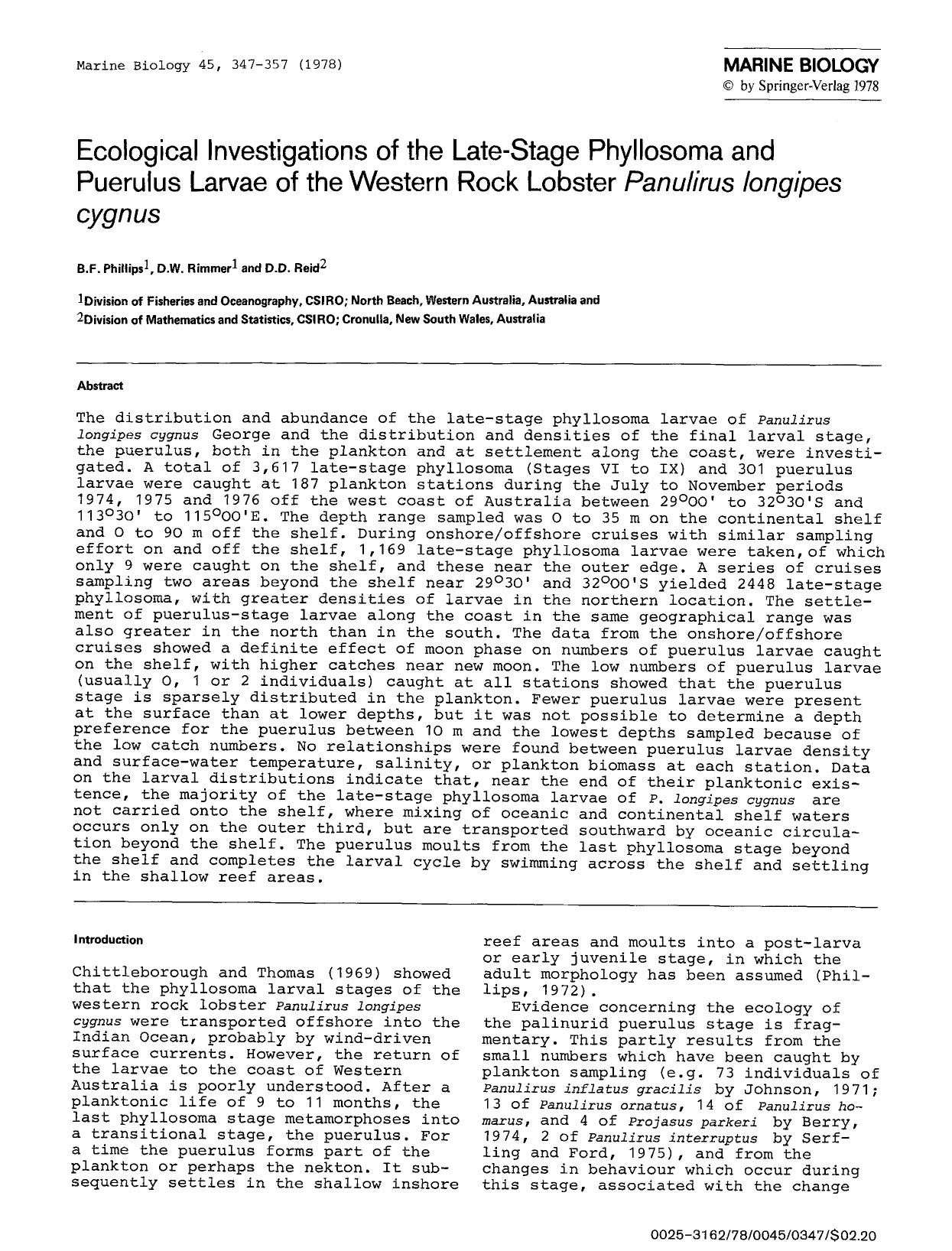 Ecological investigations of the late-stage phyllosoma and puerulus larvae of the western rock lobster <Emphasis Type="Italic">Panulirus longipes cygnus<Emphasis> by Unknown