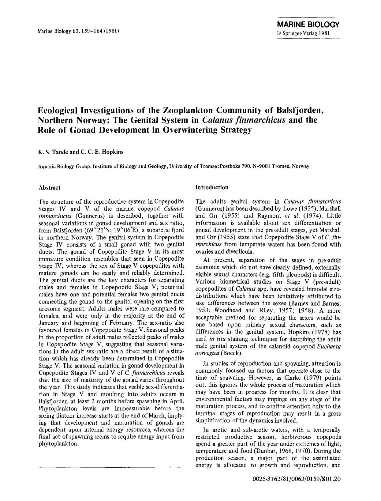 Ecological investigations of the zooplankton community of balsfjorden, northern norway: The genital system in <Emphasis Type="Italic">Calanus finmarchicus<Emphasis> and the role of by Unknown