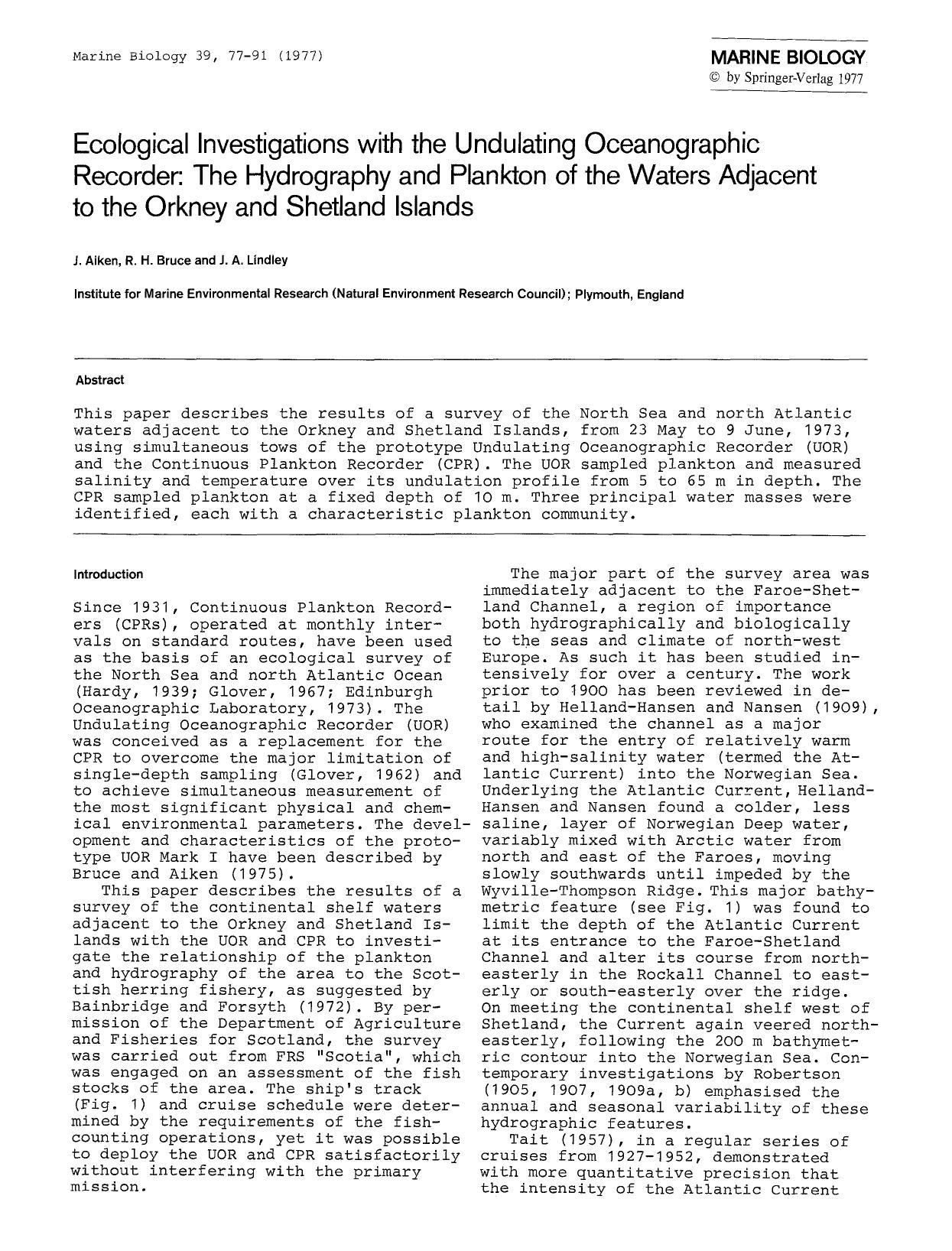 Ecological investigations with the undulating oceanographic recorder: The hydrography and plankton of the waters adjacent to the Orkney and Shetland Islands by Unknown