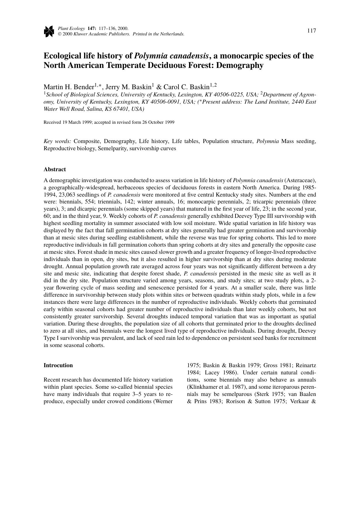Ecological life history of Polymnia canadensis, a monocarpic species of the North American Temperate Deciduous Forest: Demography by Unknown