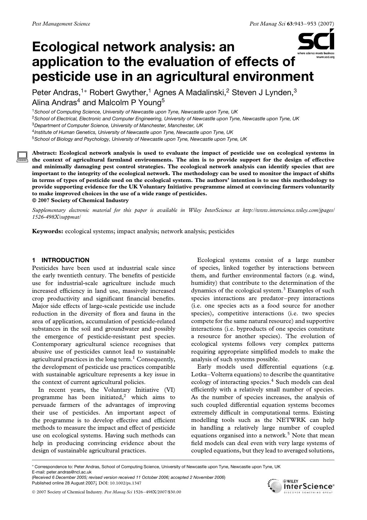 Ecological network analysis: an application to the evaluation of effects of pesticide use in an agricultural environment by Unknown