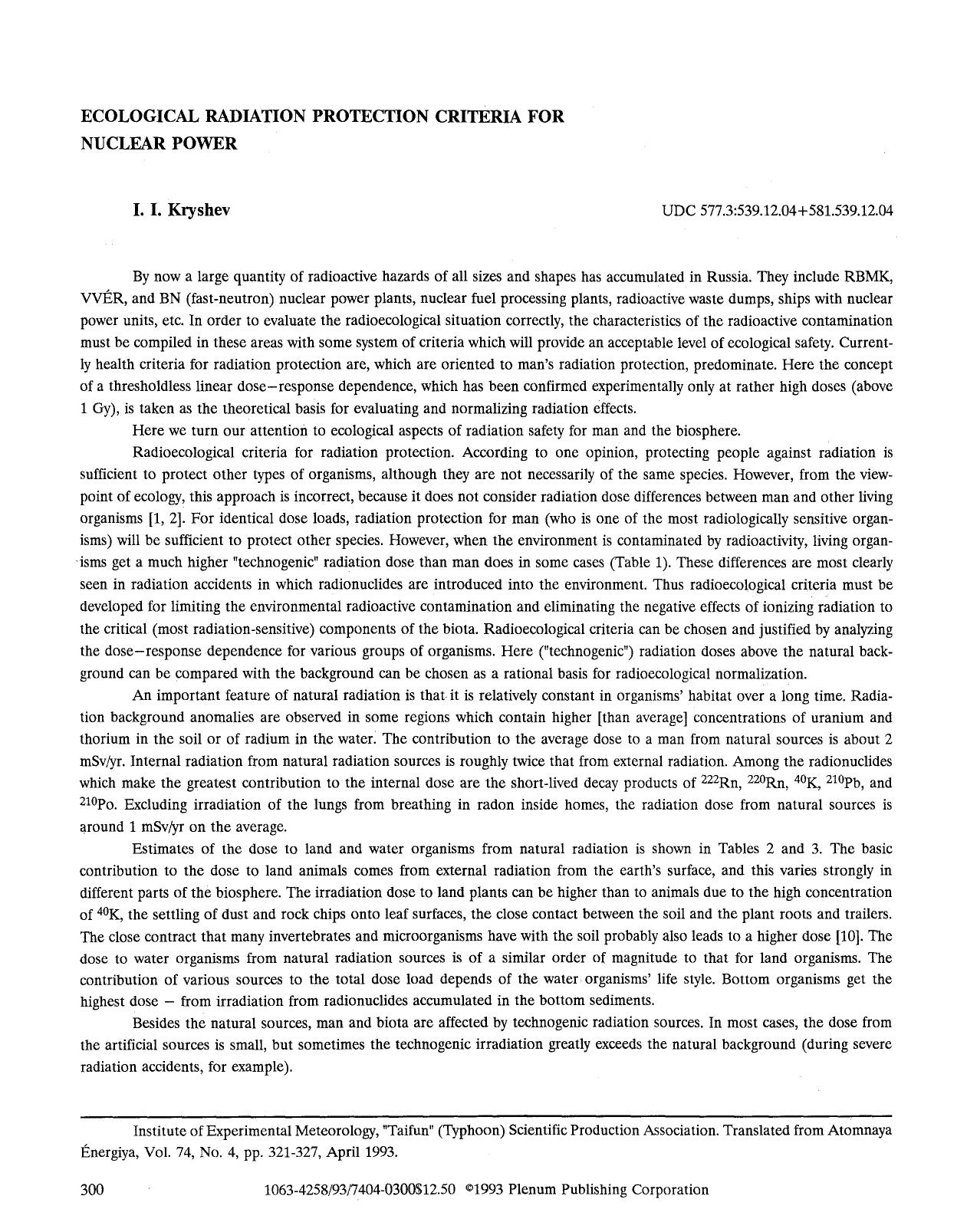 Ecological radiation protection criteria for nuclear power by Unknown