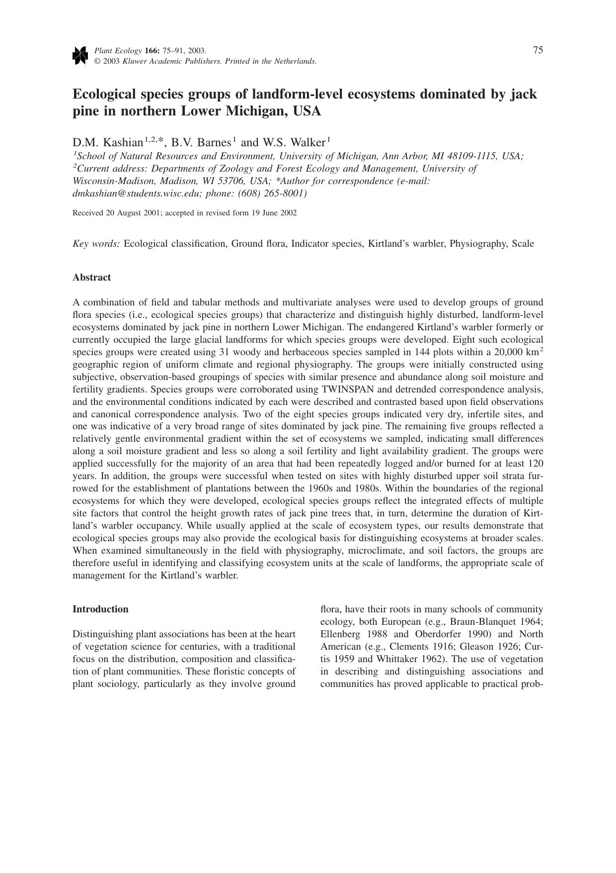 Ecological species groups of landform-level ecosystems dominated by jack pine in northern Lower Michigan, USA by Unknown