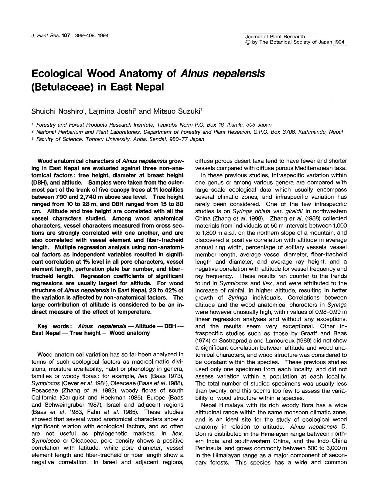 Ecological wood anatomy of <Emphasis Type="Italic">Alnus nepalensis <Emphasis> (Betulaceae) in East Nepal by Unknown