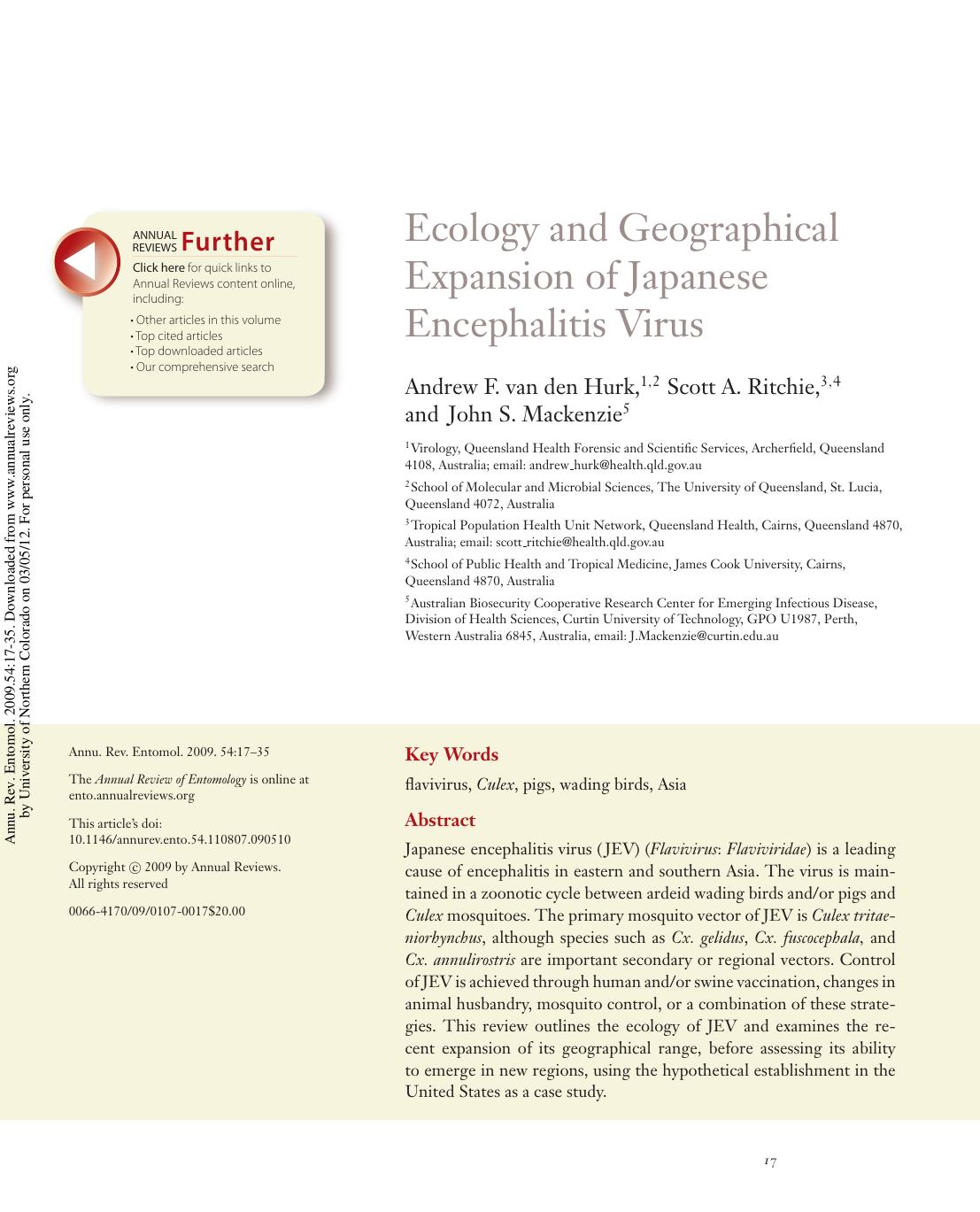 Ecology and Geographical Expansion of Japanese Encephalitis Virus by Andrew F. van den Hurk 1 2Scott A. Ritchie 3 4 & John S. Mackenzie5