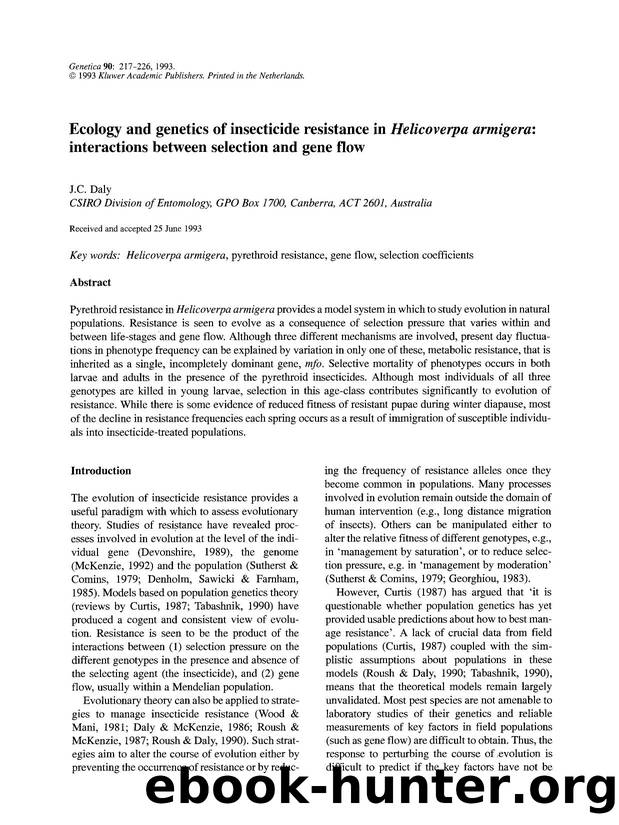 Ecology and genetics of insecticide resistance in <Emphasis Type="Italic">Helicoverpa armigera <Emphasis>: Interactions between selection and gene flow by Unknown