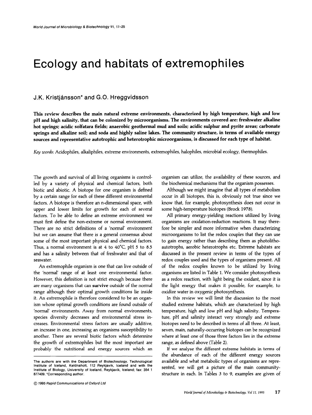 Ecology and habitats of extremophiles by Unknown