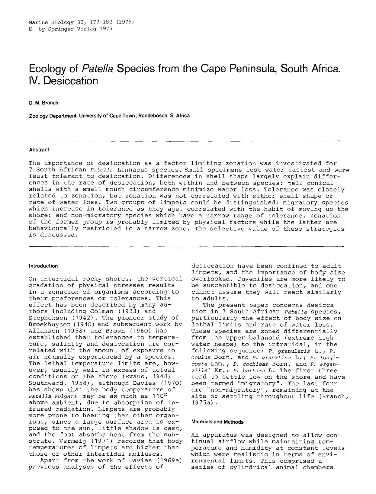 Ecology of <Emphasis Type="Italic">Patella<Emphasis> species from the Cape peninsula, South Africa. IV. Desiccation by Unknown