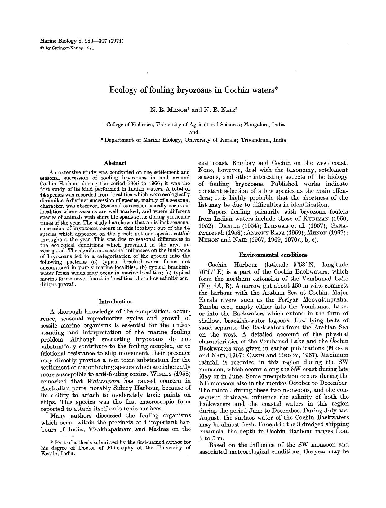 Ecology of fouling bryozoans in Cochin waters by Unknown