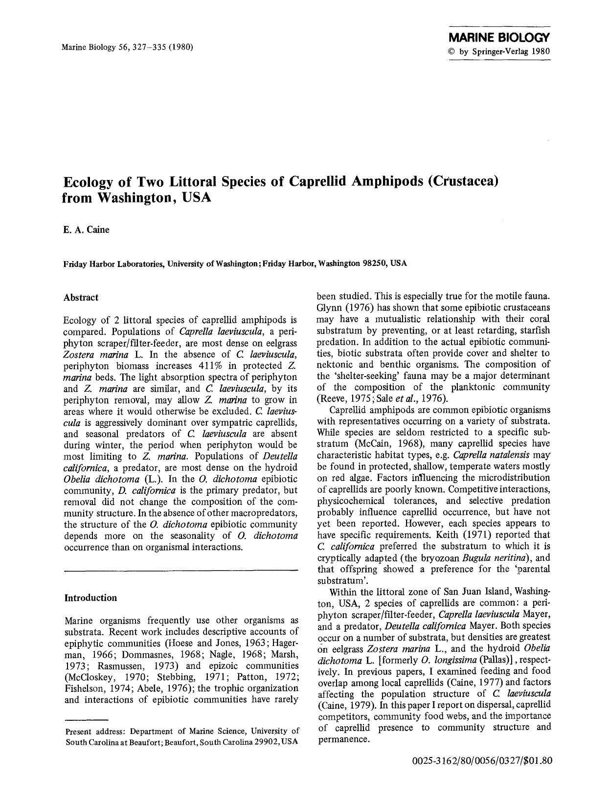 Ecology of two littoral species of caprellid amphipods (Crustacea) from Washington, USA by Unknown