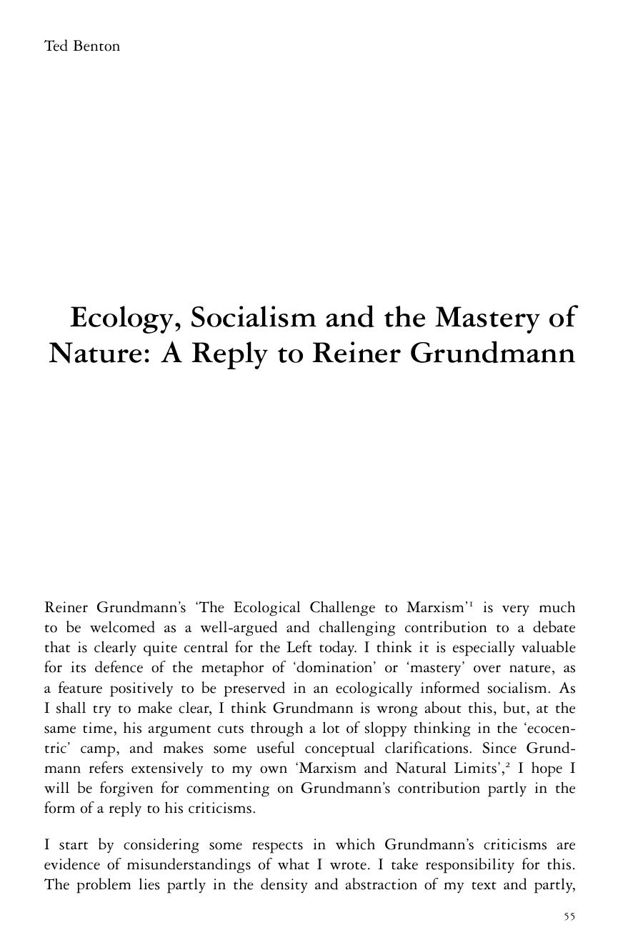 Ecology, Socialism and the Mastery of Nature: A Reply to Reiner Grundmann by Ted Benton