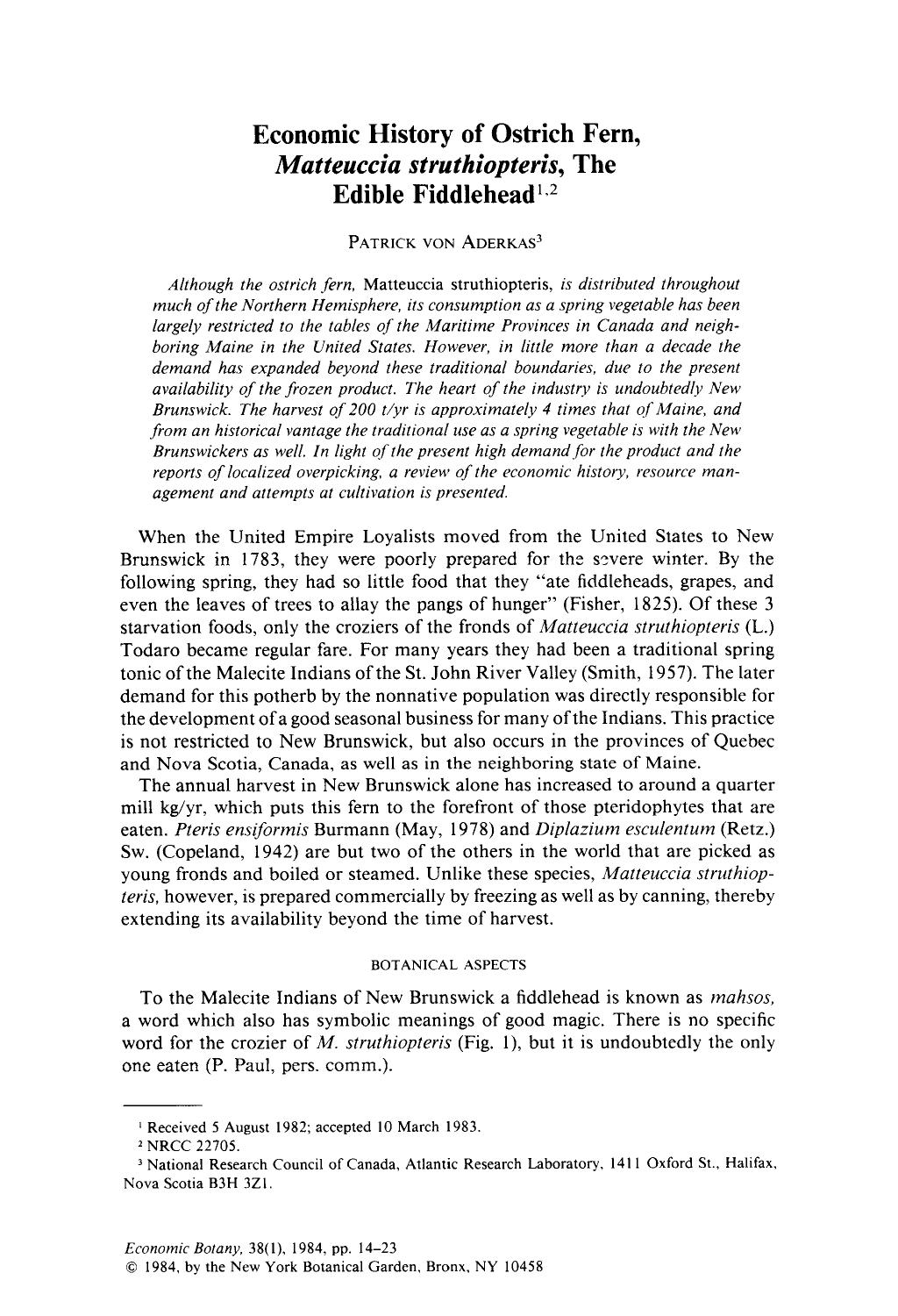 Economic history of ostrich fern, <Emphasis Type="Italic">Matteuccia struthiopteris <Emphasis>, the edible fiddlehead by Unknown
