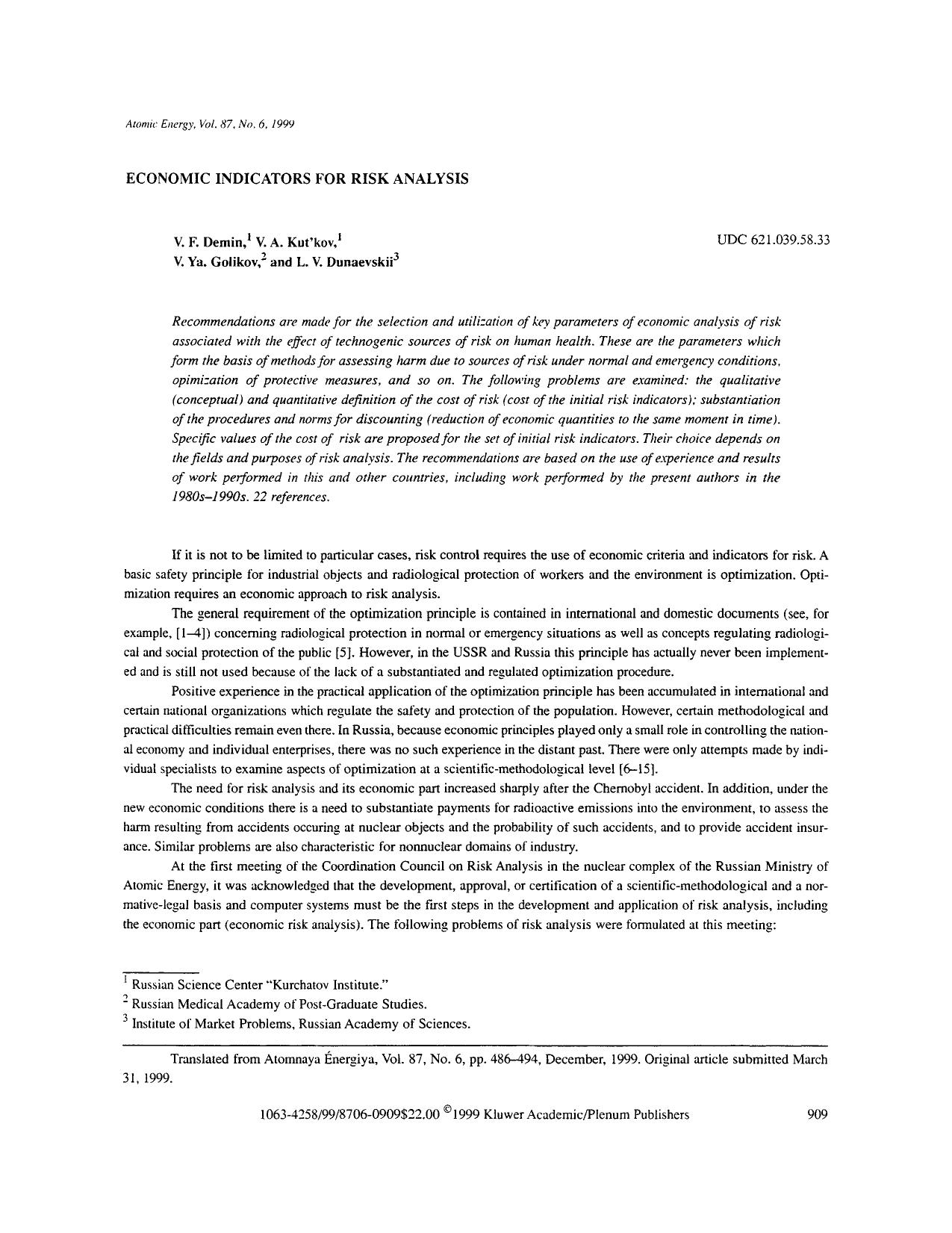 Economic indicators for risk analysis by Unknown