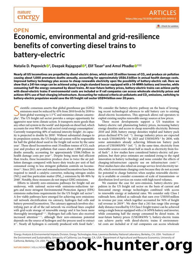 Economic, environmental and grid-resilience benefits of converting diesel trains to battery-electric by Natalie D. Popovich & Deepak Rajagopal & Elif Tasar & Amol Phadke