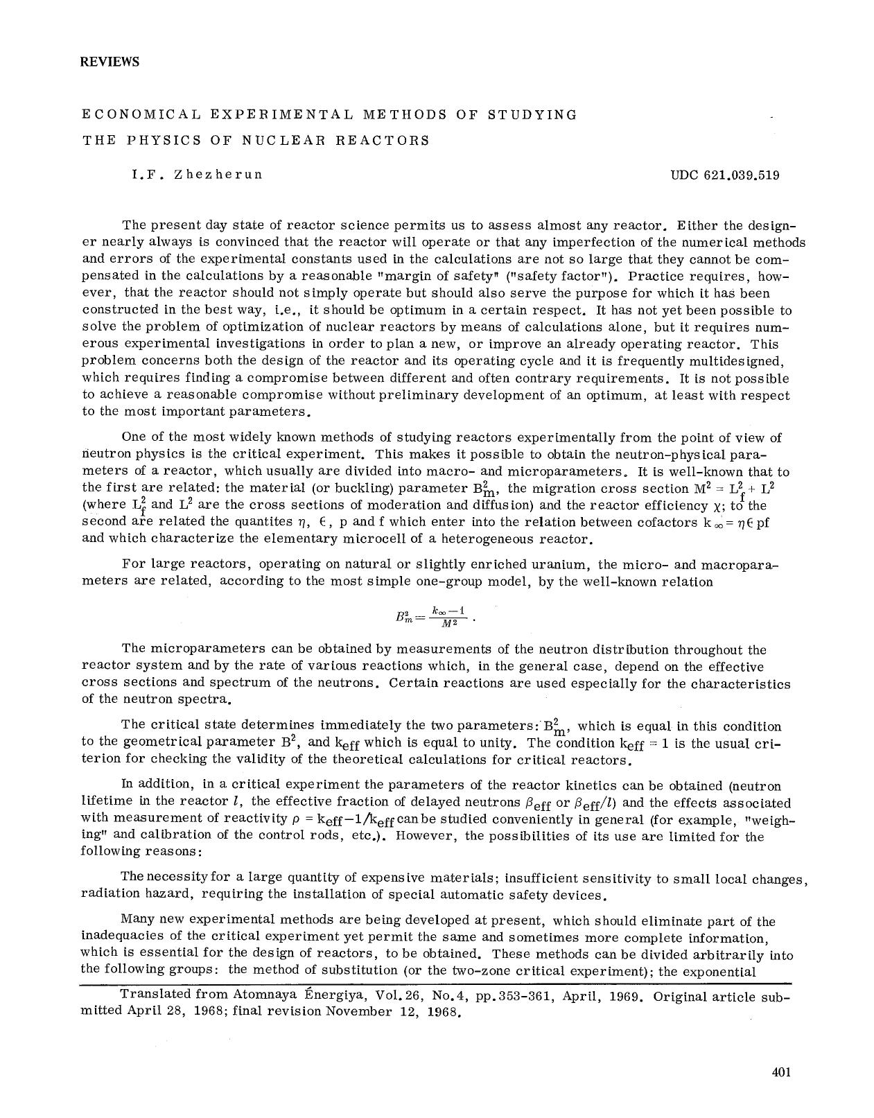 Economical experimental methods of studying the physics of nuclear reactors by Unknown