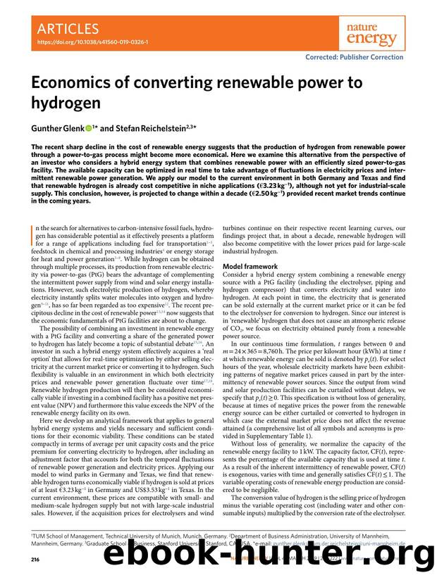 Economics of converting renewable power to hydrogen by Gunther Glenk & Stefan Reichelstein