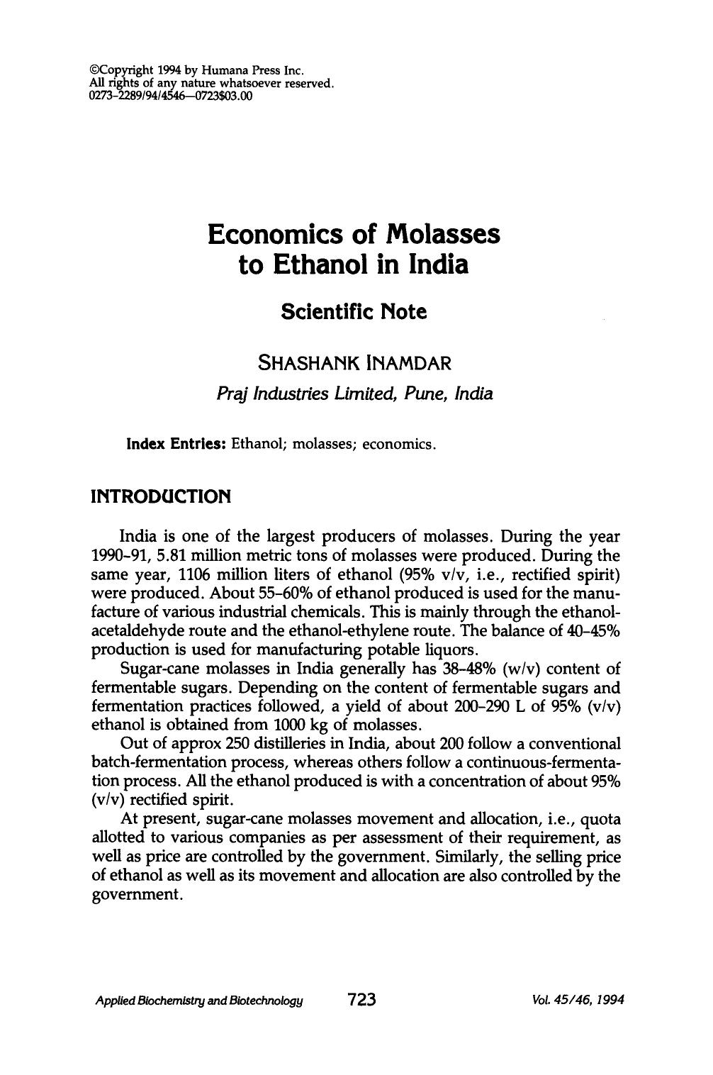 Economics of molasses to ethanol in India by Unknown